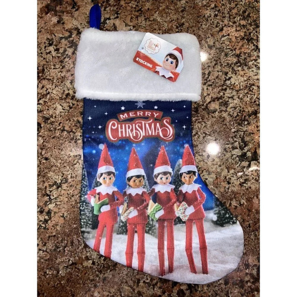 Elf On The Shelf Christmas Stocking w/White Plush Cuff Blue Back Top to Toe - Picture 1 of 2